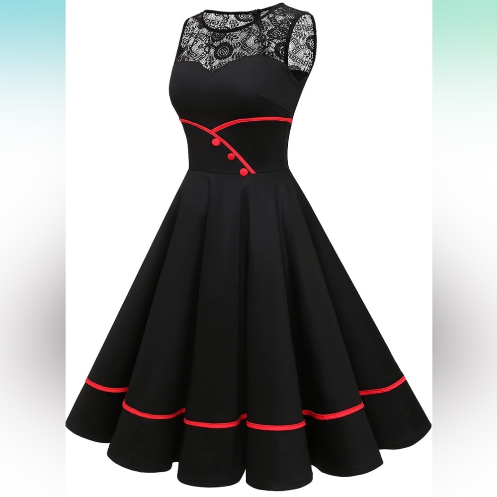 Black Lace Fit-and-Flare Midi Dress with Red Trim - Picture 3 of 11